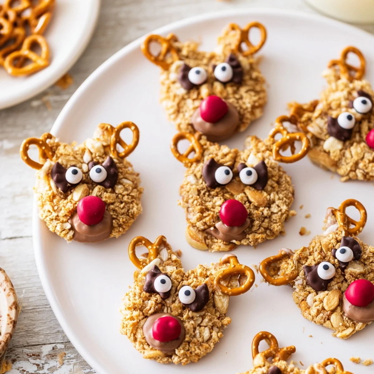 Festive Santas Reindeer Cookie Platter, with adorable pretzel antlers and red noses, ready to enjoy.