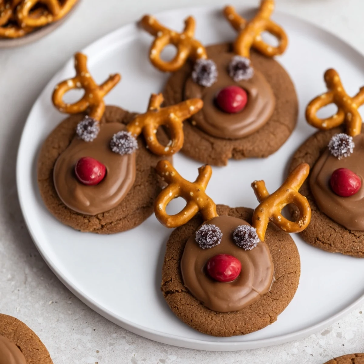 A delicious display of Santas Reindeer Cookies, each with a brown icing face and candy decorations.