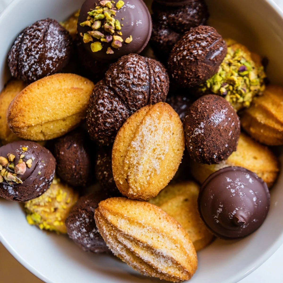 Golden-brown Mignardises Bonne Année 2026, a delectable French dessert assortment, ready to be enjoyed.