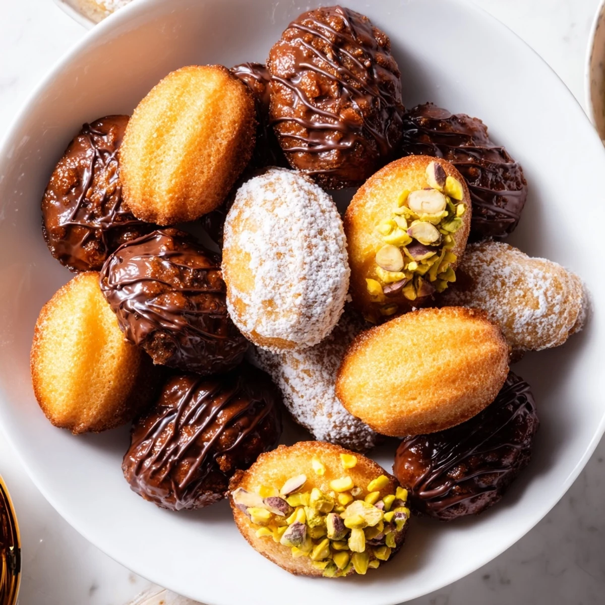 Small, elegant Mignardises Bonne Année 2026, featuring bite-sized financiers, madeleines, and chocolate truffles ready to eat.