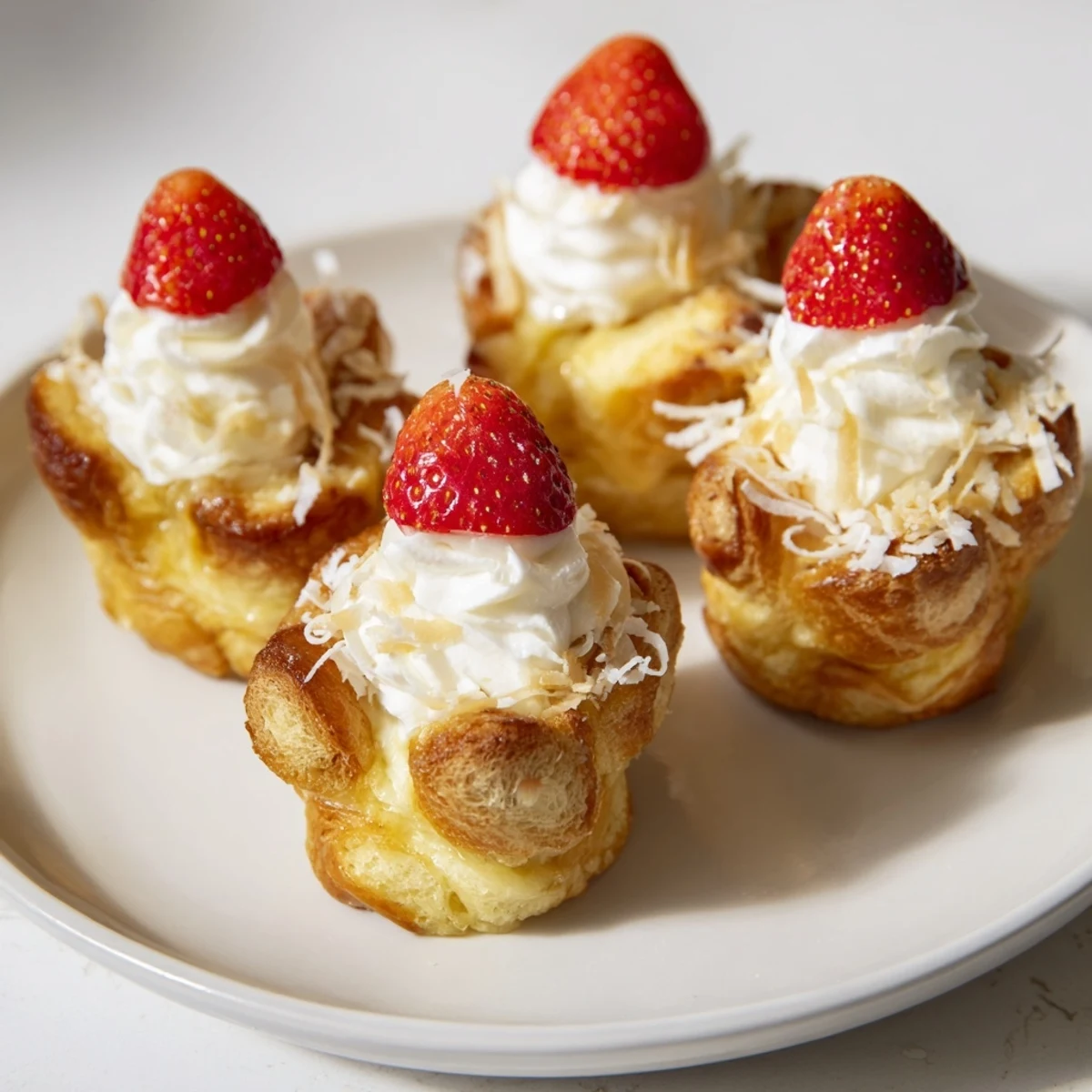 Santa Hat Bread Pudding Bites, golden baked and topped with whipped cream and a festive strawberry.