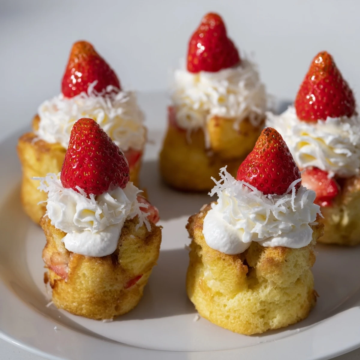 Warm, creamy Santa Hat Bread Pudding Bites, perfect for the holidays with sweet whipped cream.
