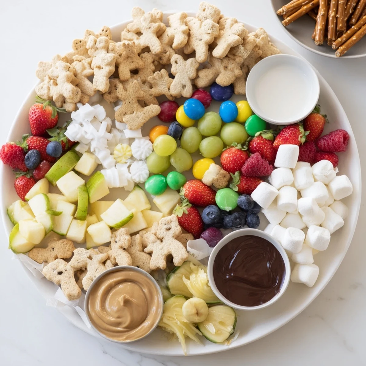 Fun-filled Animal Cracker Safari Board with a variety of fruits, dips, and treats arranged playfully.