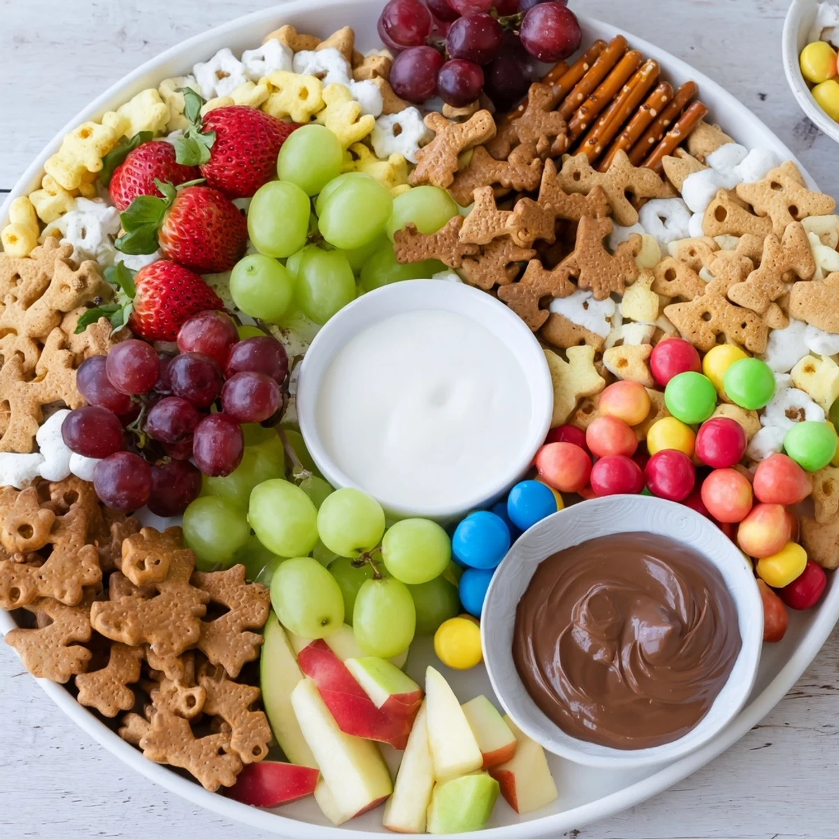 Vibrant Animal Cracker Safari Board bursting with fresh fruit and colorful dips, a kid's dream.