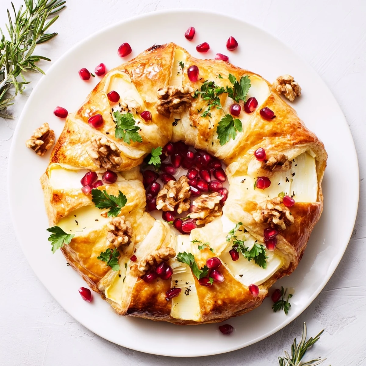 Magnificent Pomegranate and Brie Wreath: A golden-baked pastry wreath hosting creamy cheese and vibrant jewels.