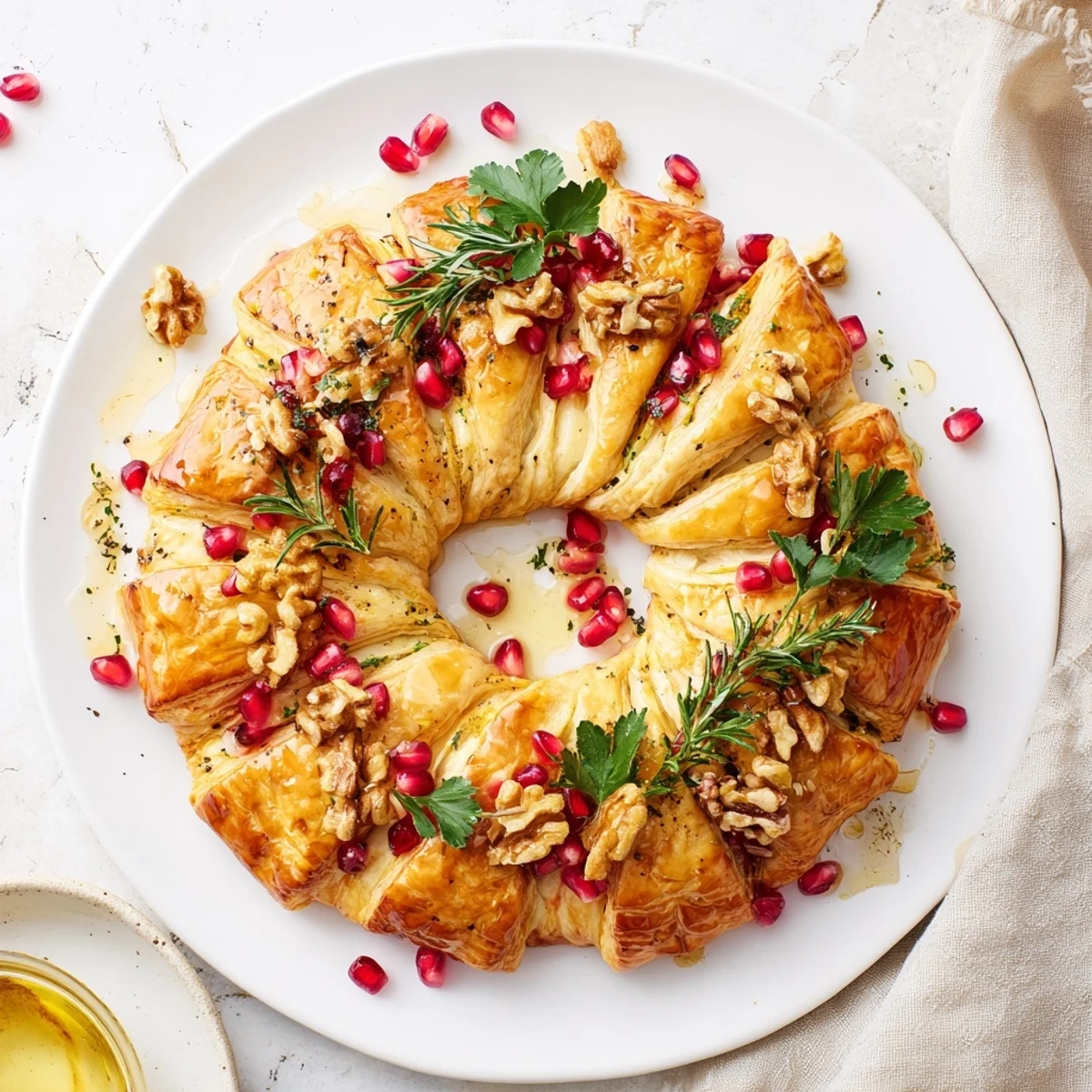 Festive Pomegranate and Brie Wreath, ready for serving, showcasing a lovely appetizer with holiday elegance.