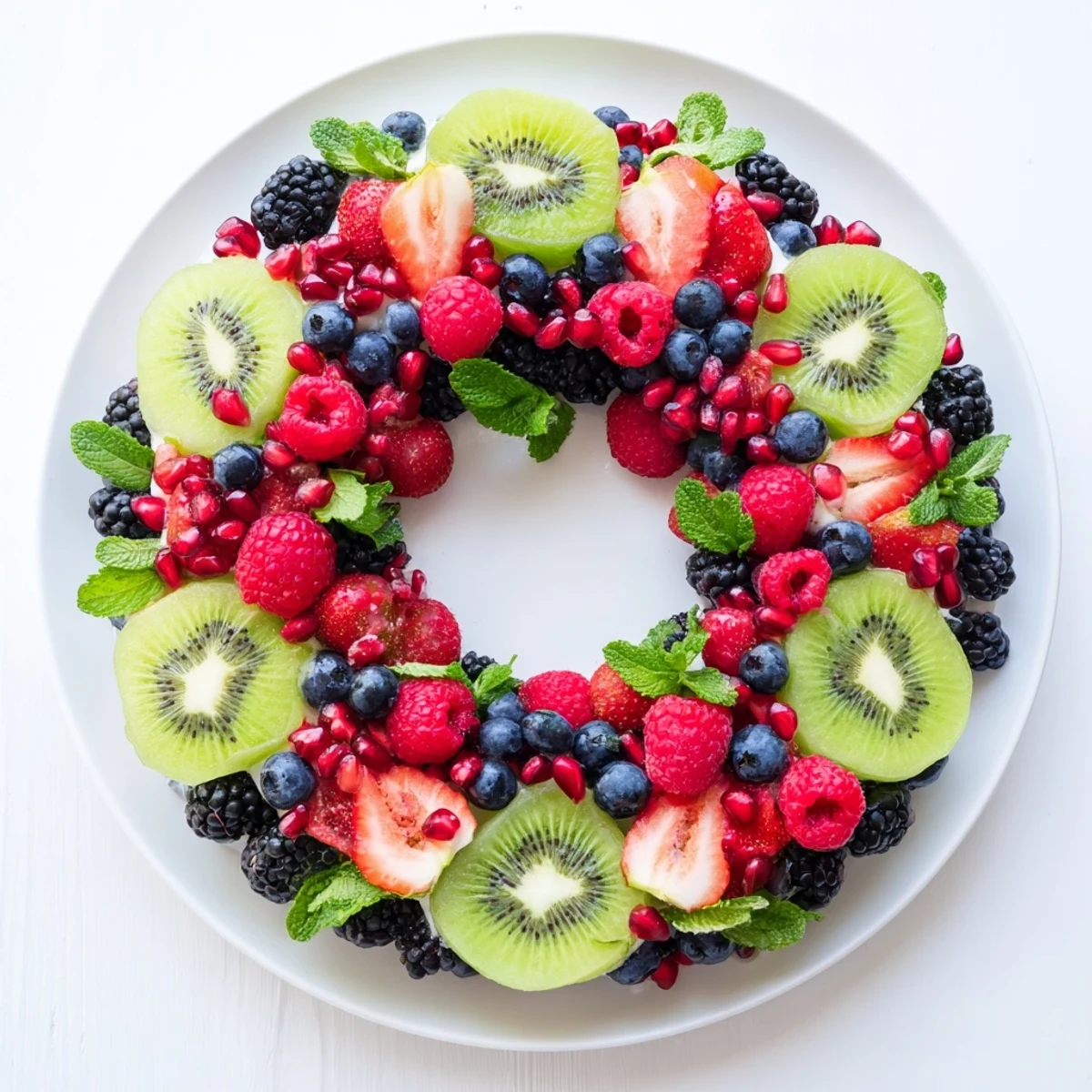 Fresh kiwi and berry wreath arrangement, perfect as a festive, healthy appetizer centerpiece.