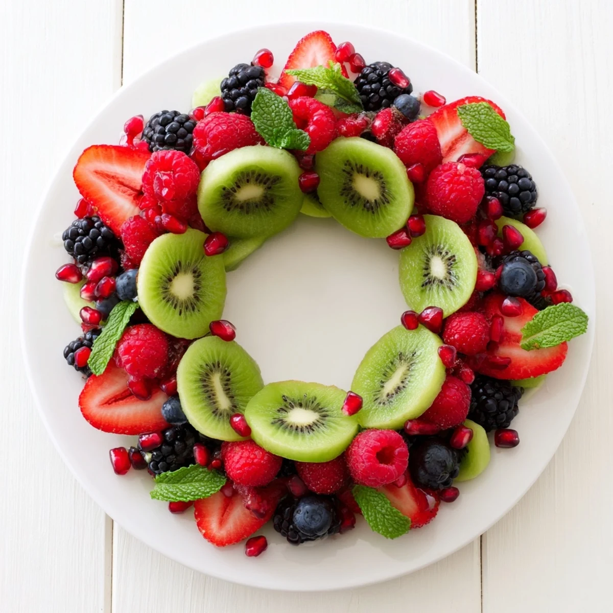 Vibrant holiday fruit plate: a colorful kiwi and berry wreath ready to serve and enjoy.
