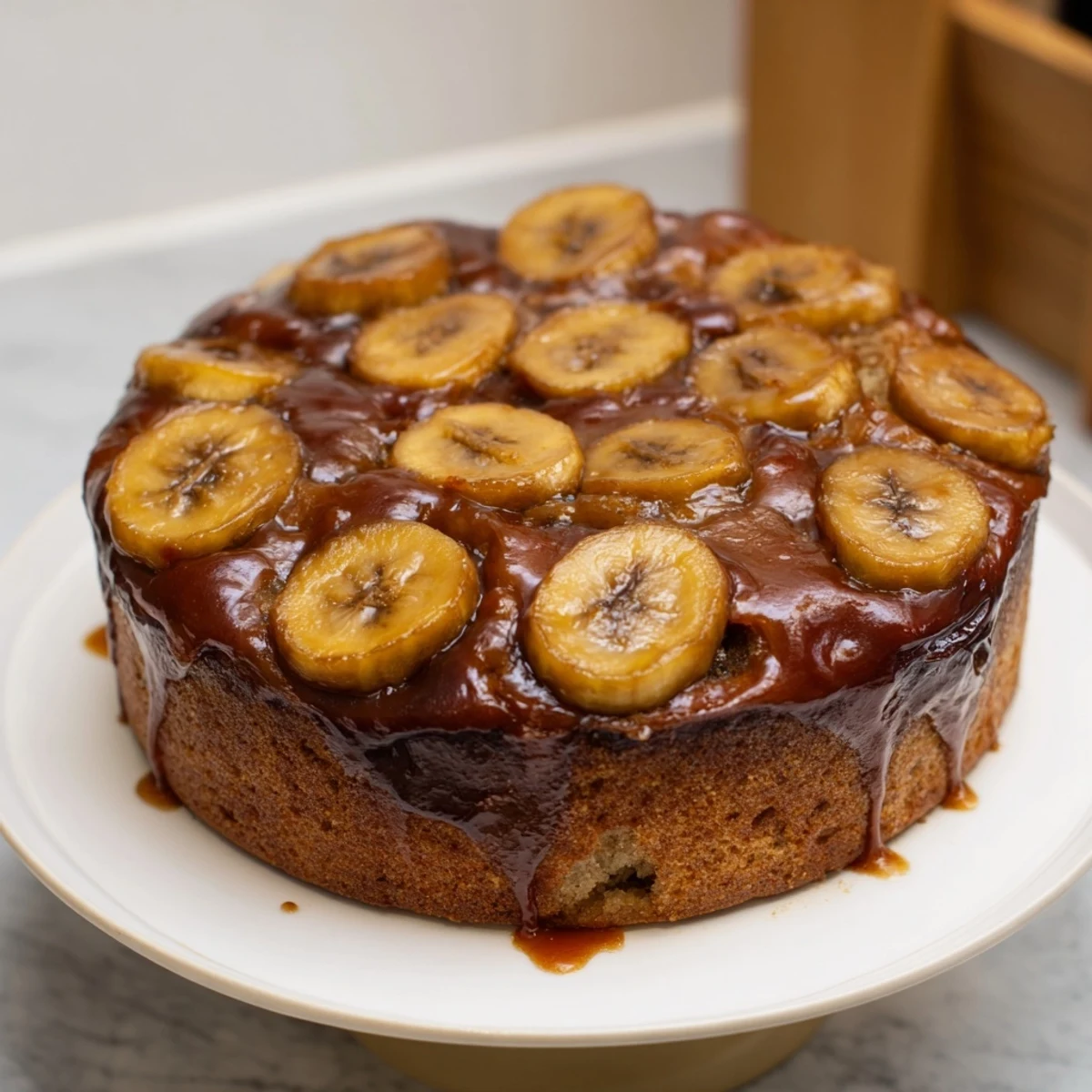Moist banana bread cake with golden caramelized bananas in a square baking pan, ready to serve.