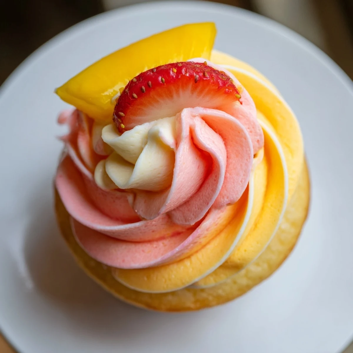 Mango Strawberry Sunset Cupcakes, with a vibrant swirl of pink, orange, and vanilla buttercream on top.