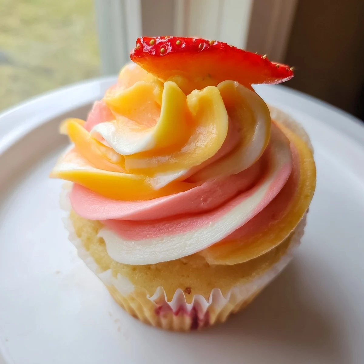 Golden baked Mango Strawberry Sunset Cupcakes, decorated with fresh strawberry slices, a delightful dessert.