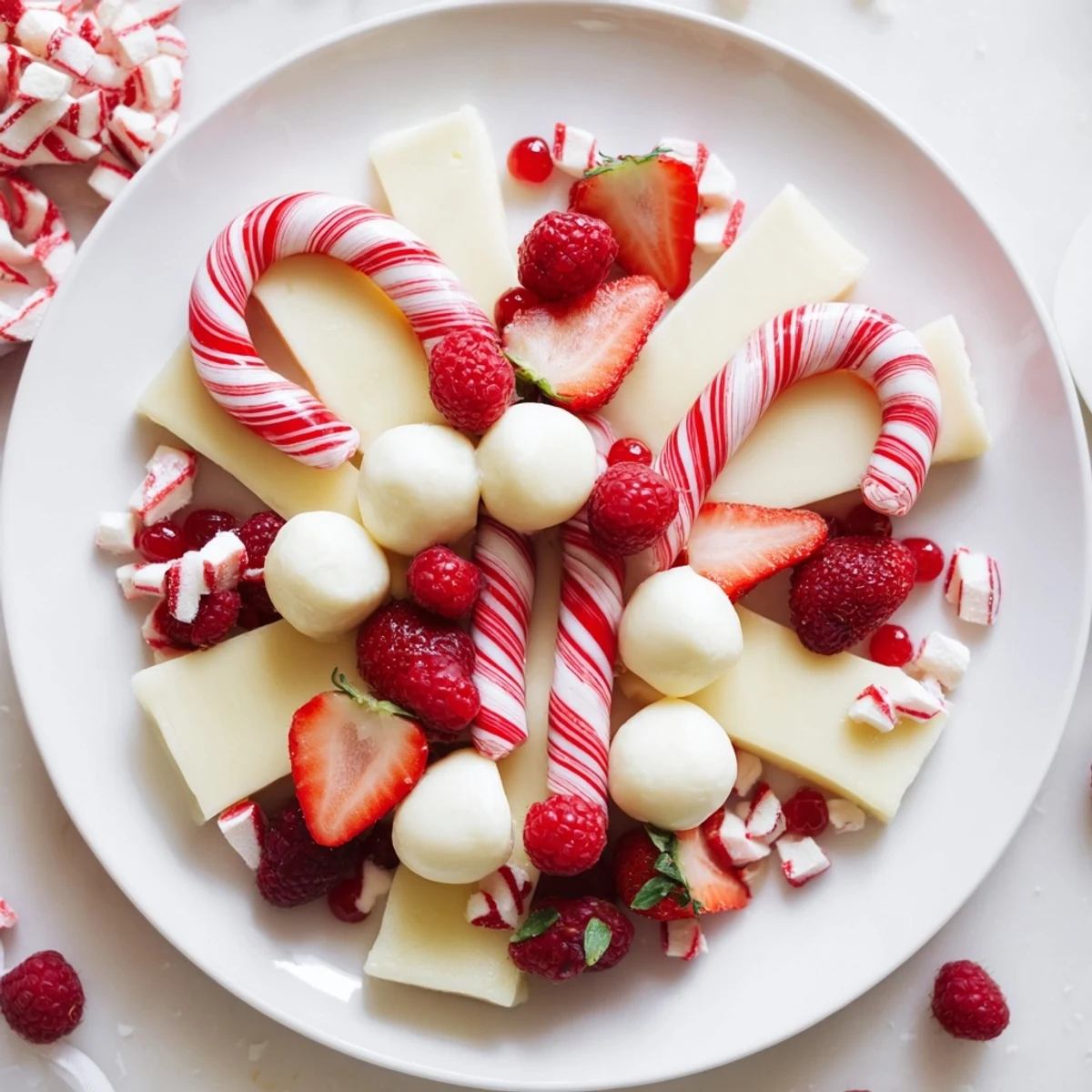 Festive Red and White Candy Cane Snack Board, an inviting holiday appetizer, features colorful fruits and cheeses.