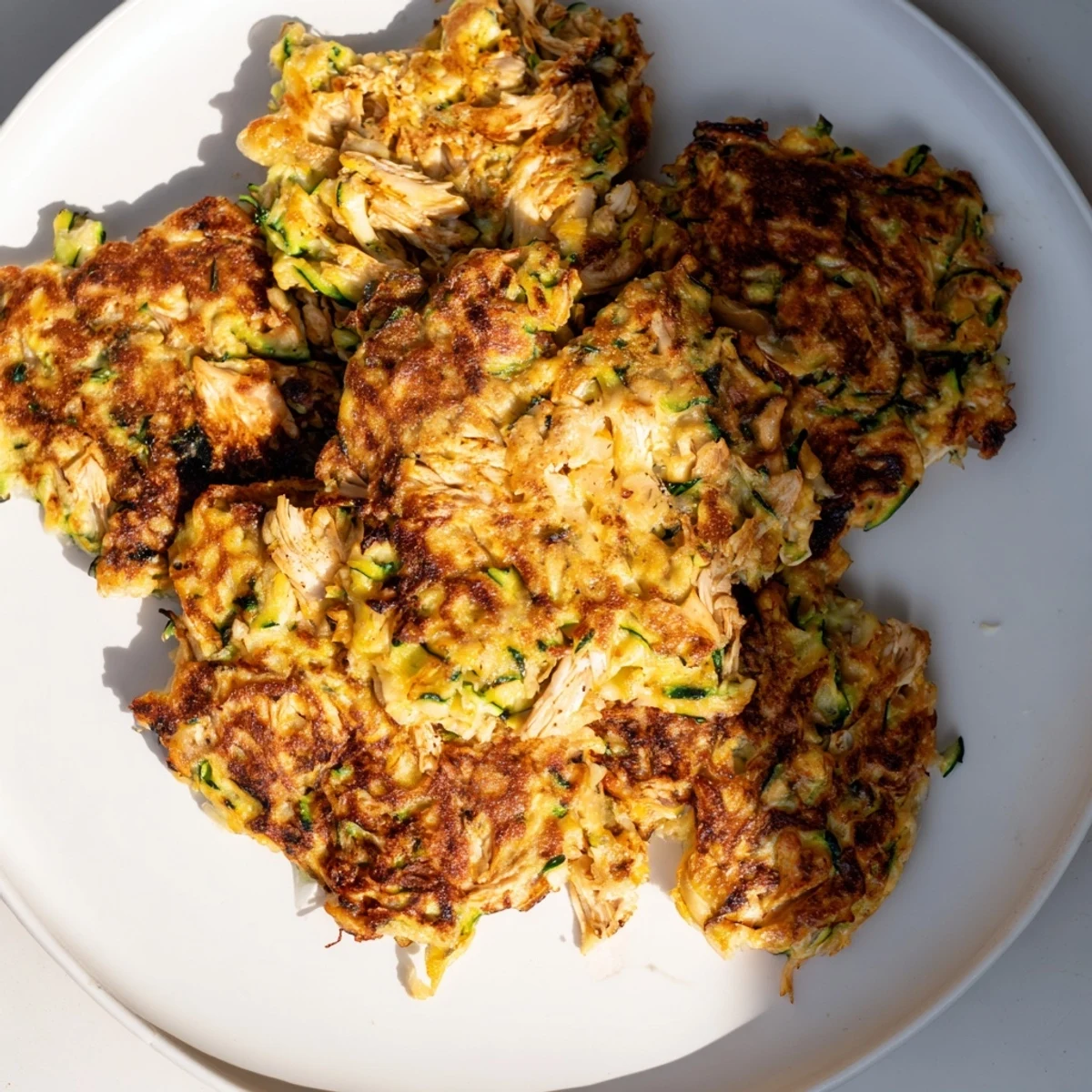 Golden-brown High-Protein Chicken Zucchini Fritters sizzling in a skillet, ready to be flipped.