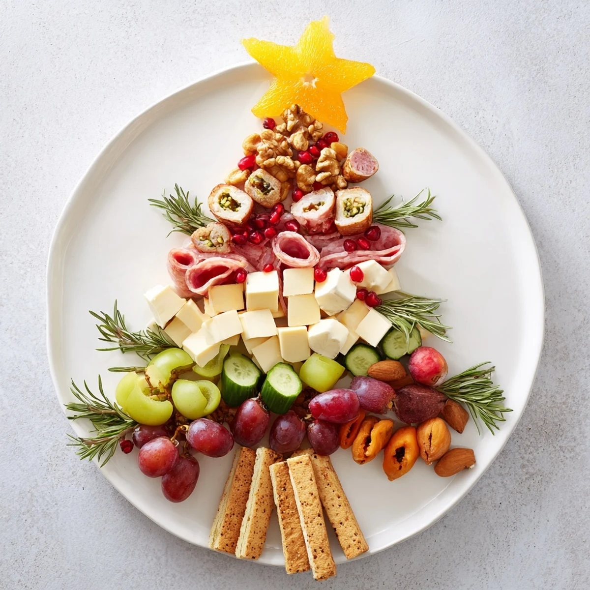 Festive Holiday Tree Appetizer Platter boasts vibrant cheeses, fruits, and meats arranged deliciously for the holidays.