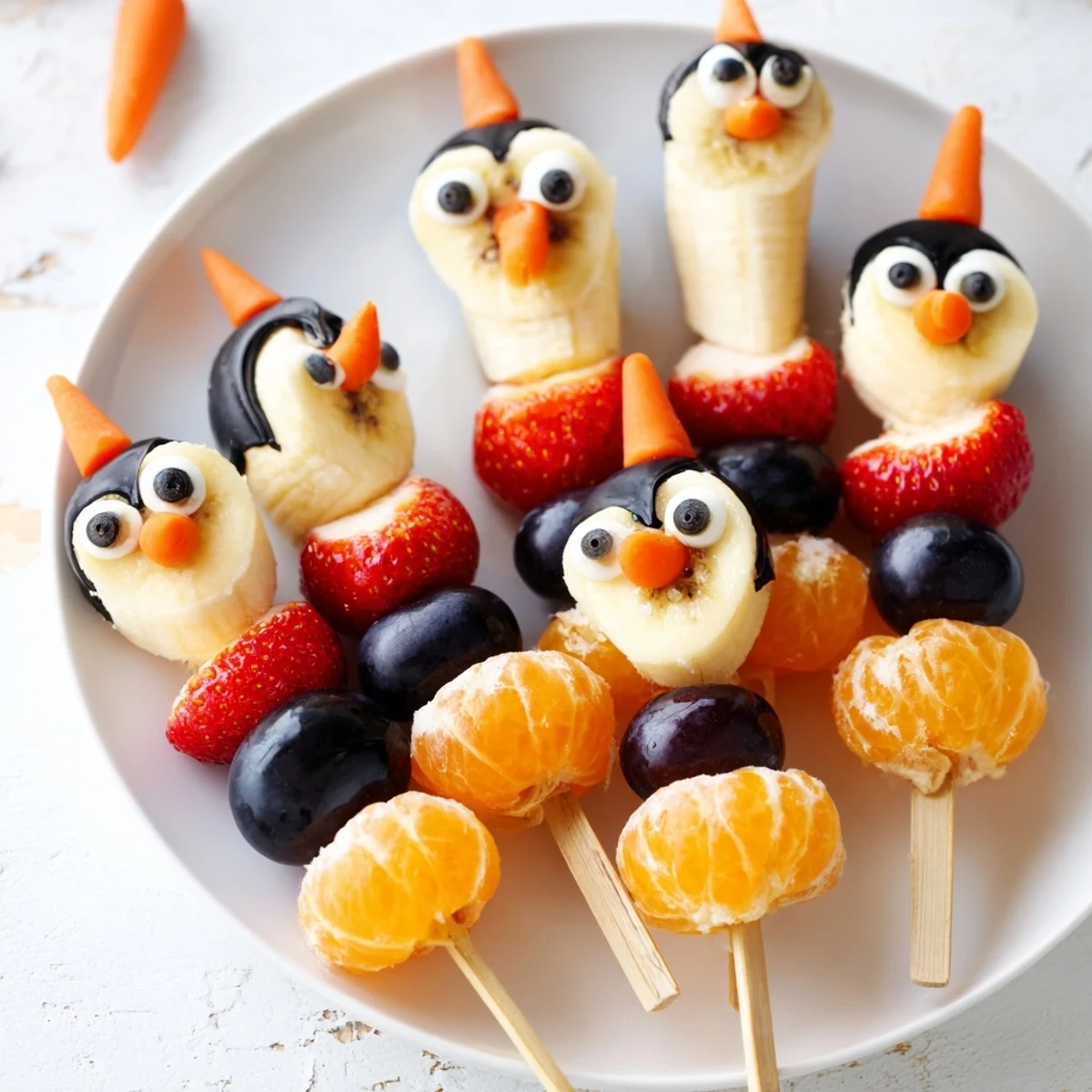 Fresh Penguin Fruit Skewer Army featuring strawberries, grapes, and sweet mandarin orange feet is a playful snack.