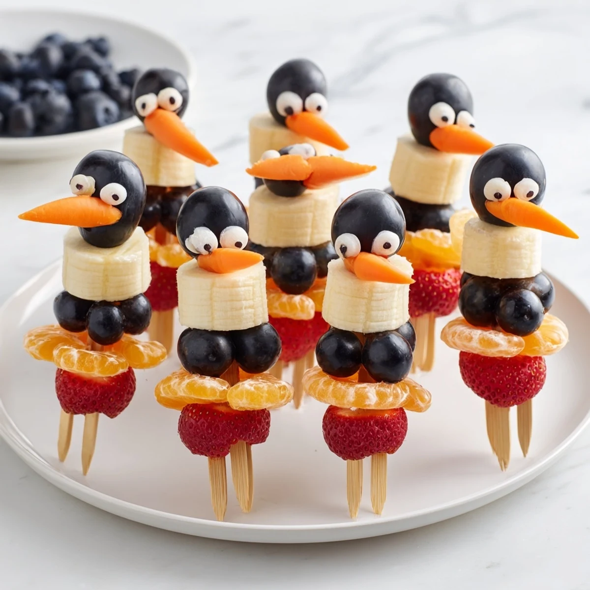 A colorful visual feast: the ready-to-eat Penguin Fruit Skewer Army looks fun for kids, gluten-free.
