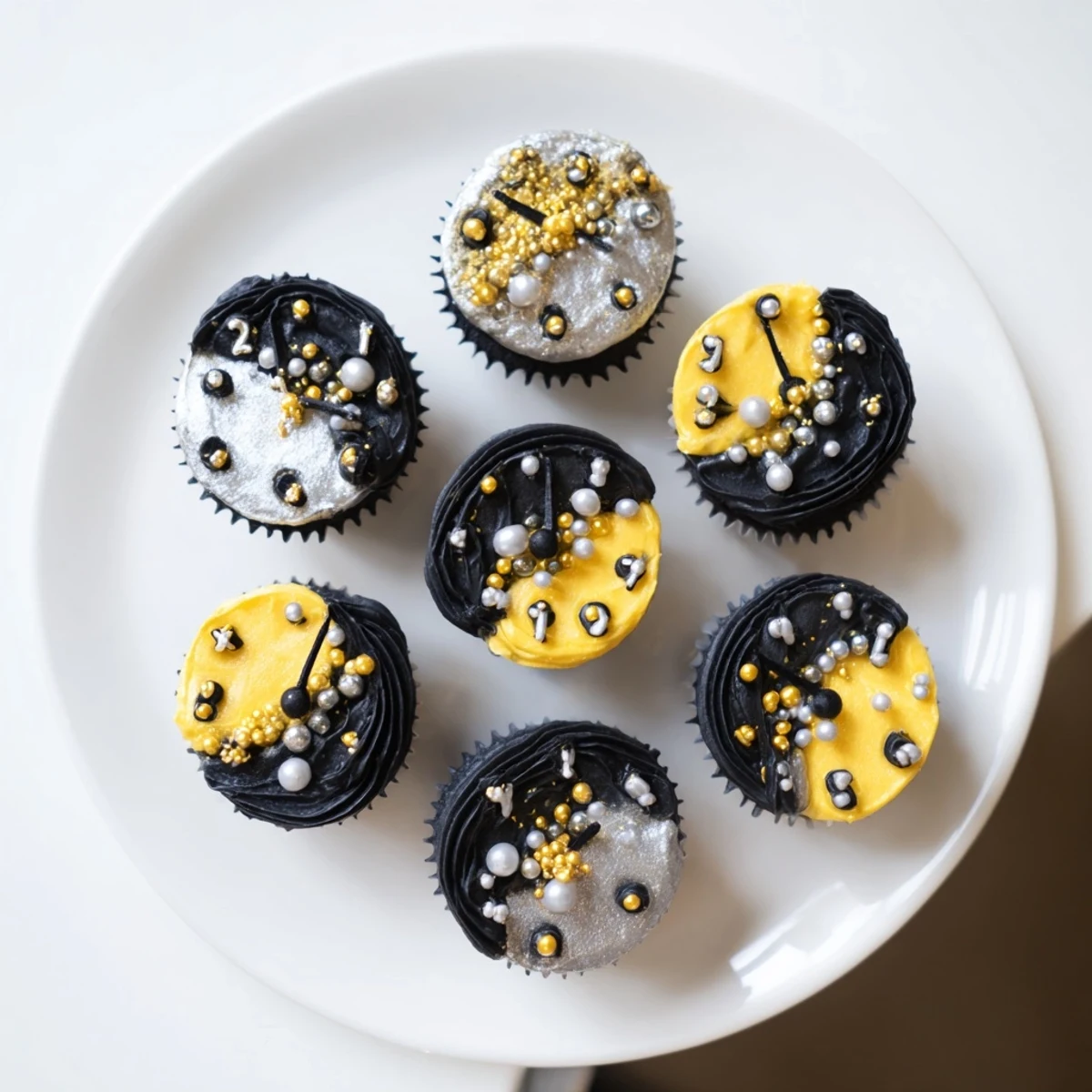 Golden buttercream-frosted Countdown Clock Mini Desserts with edible pearls, ready to celebrate.