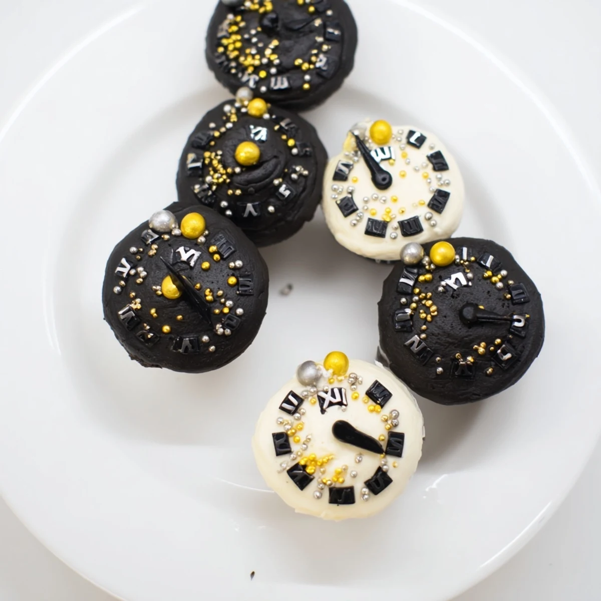 Close up shot of festive Countdown Clock Mini Desserts with black clock faces and sprinkles.