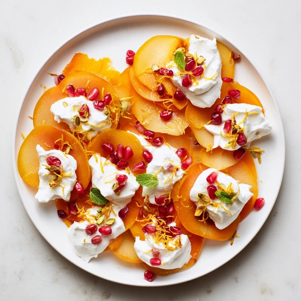 Persimmon and pear snowscape: Sweet persimmon and pear slices topped with creamy mascarpone for a beautiful dessert.