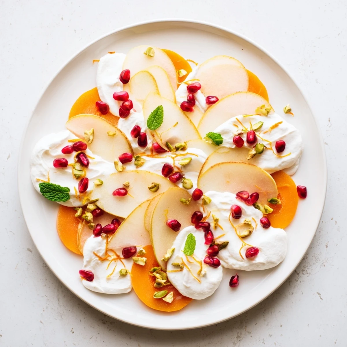 A festive persimmon and pear snowscape featuring vibrant pomegranate seeds and chopped pistachios on a white plate.