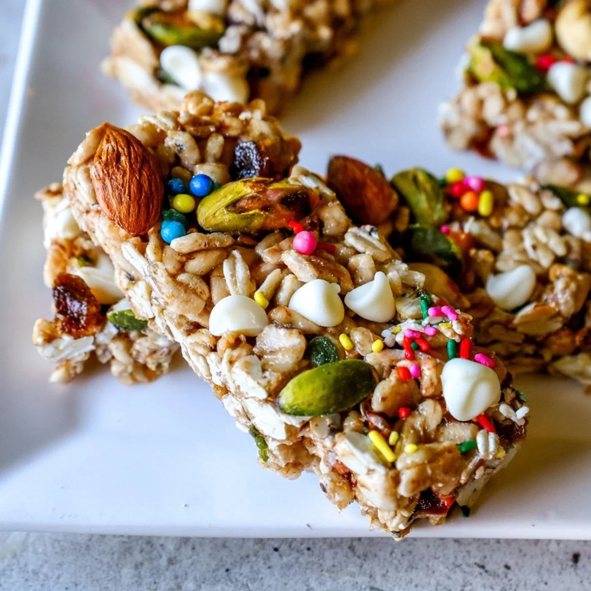 Winter Wonderland Trail Mix Bar: A close-up of a festive, crunchy bar studded with dried fruits.