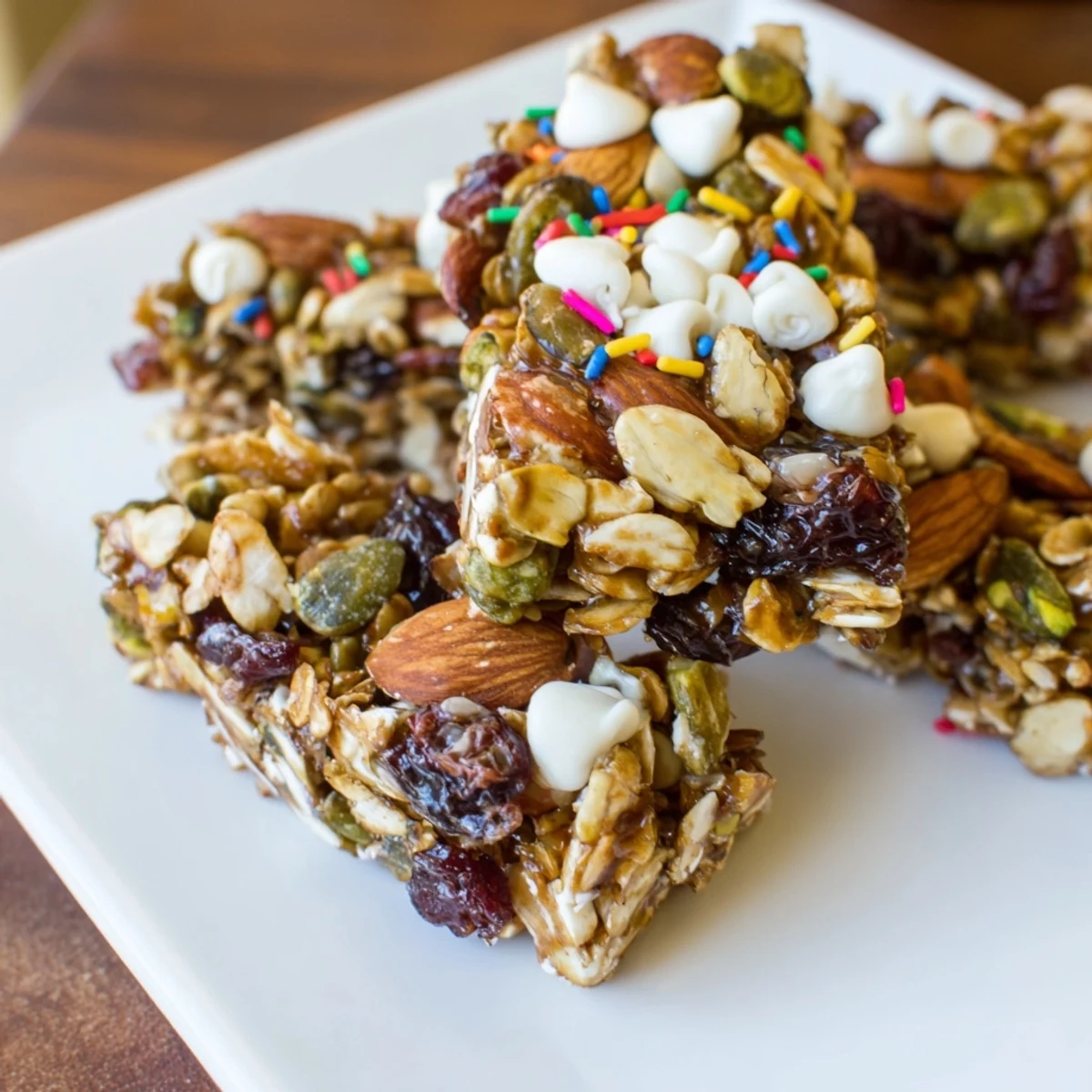 Delicious Winter Wonderland Trail Mix Bars: showing fresh from the pan these delightful, sweet and nutty treats are ready.