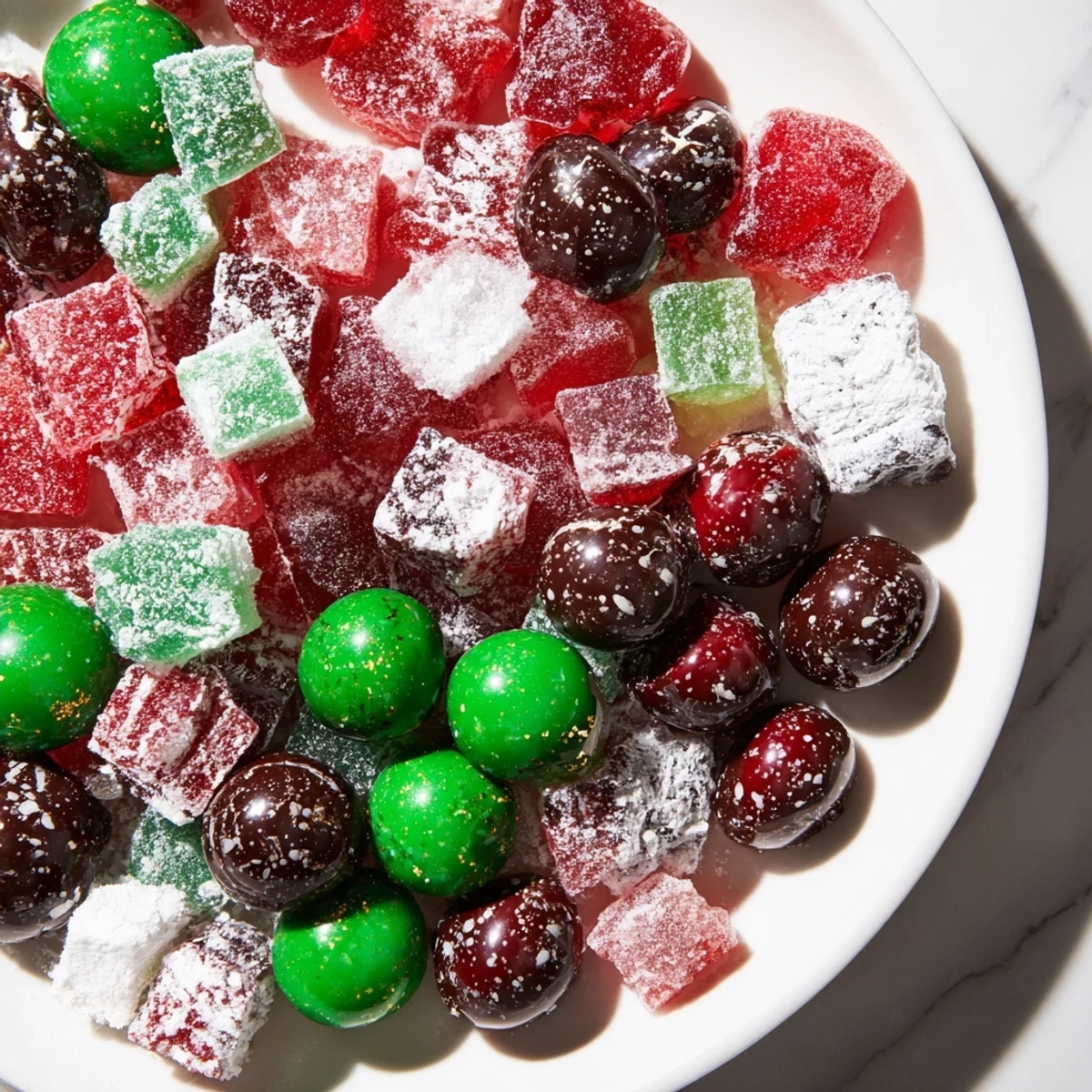 A bright assortment of Jingle Bell Rock Candy sparkles alongside holiday chocolates on a dessert platter.