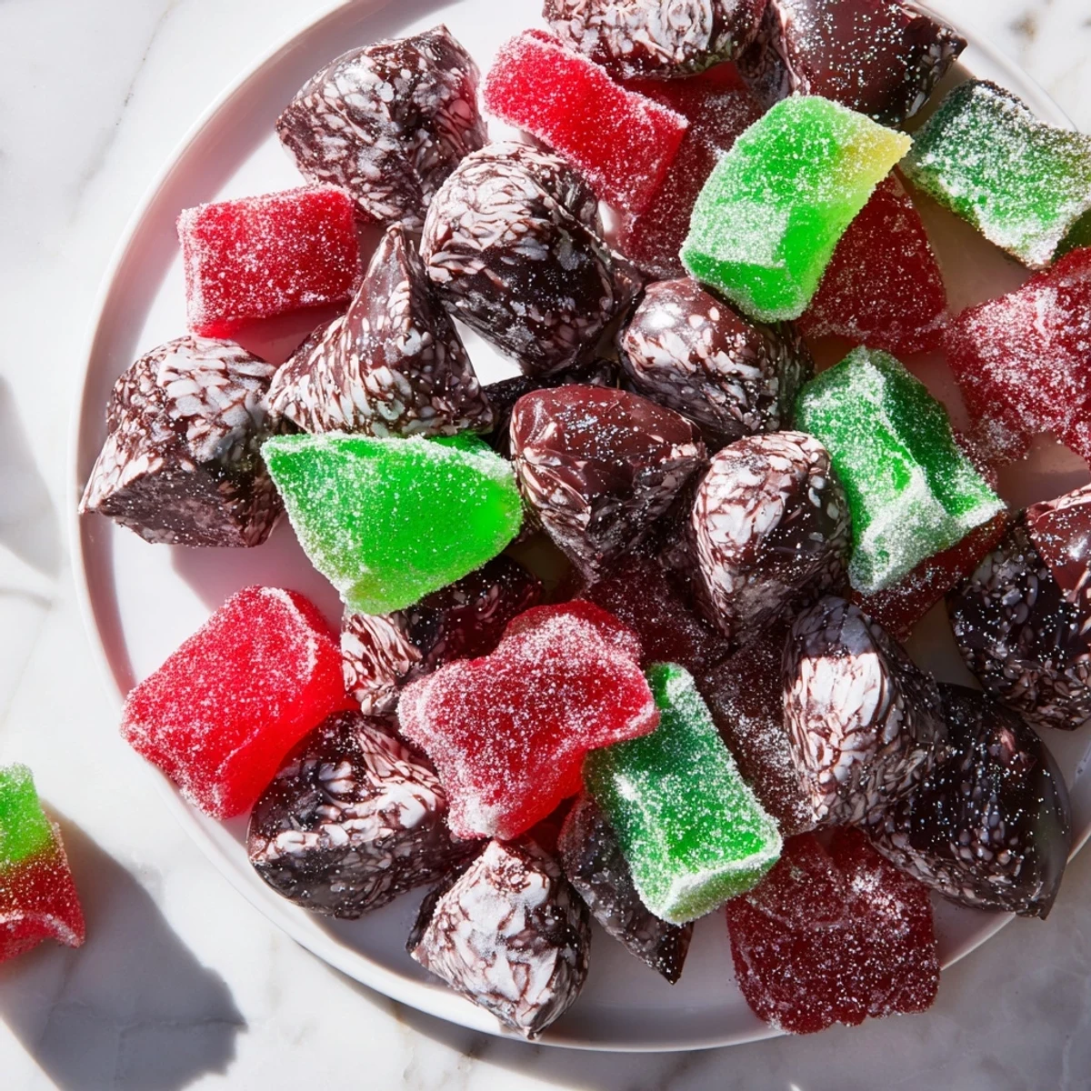 This photo features a beautiful holiday table centerpiece of Jingle Bell Rock Candy alongside other candied treats.