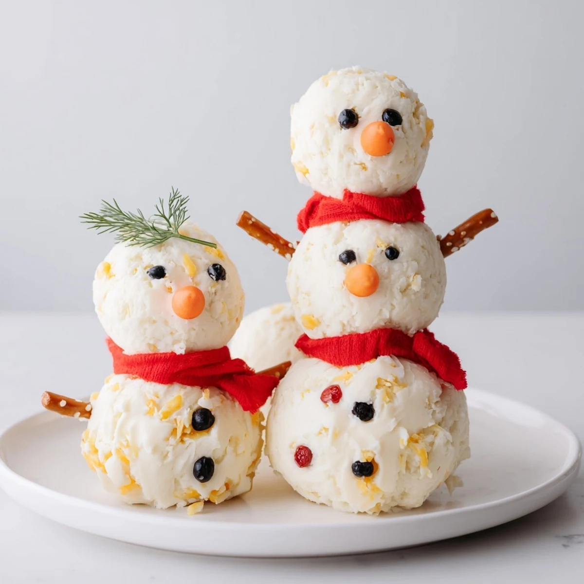 Festive snowman cheese ball trio, a creamy appetizer, decorated with pepper eyes and carrot noses.