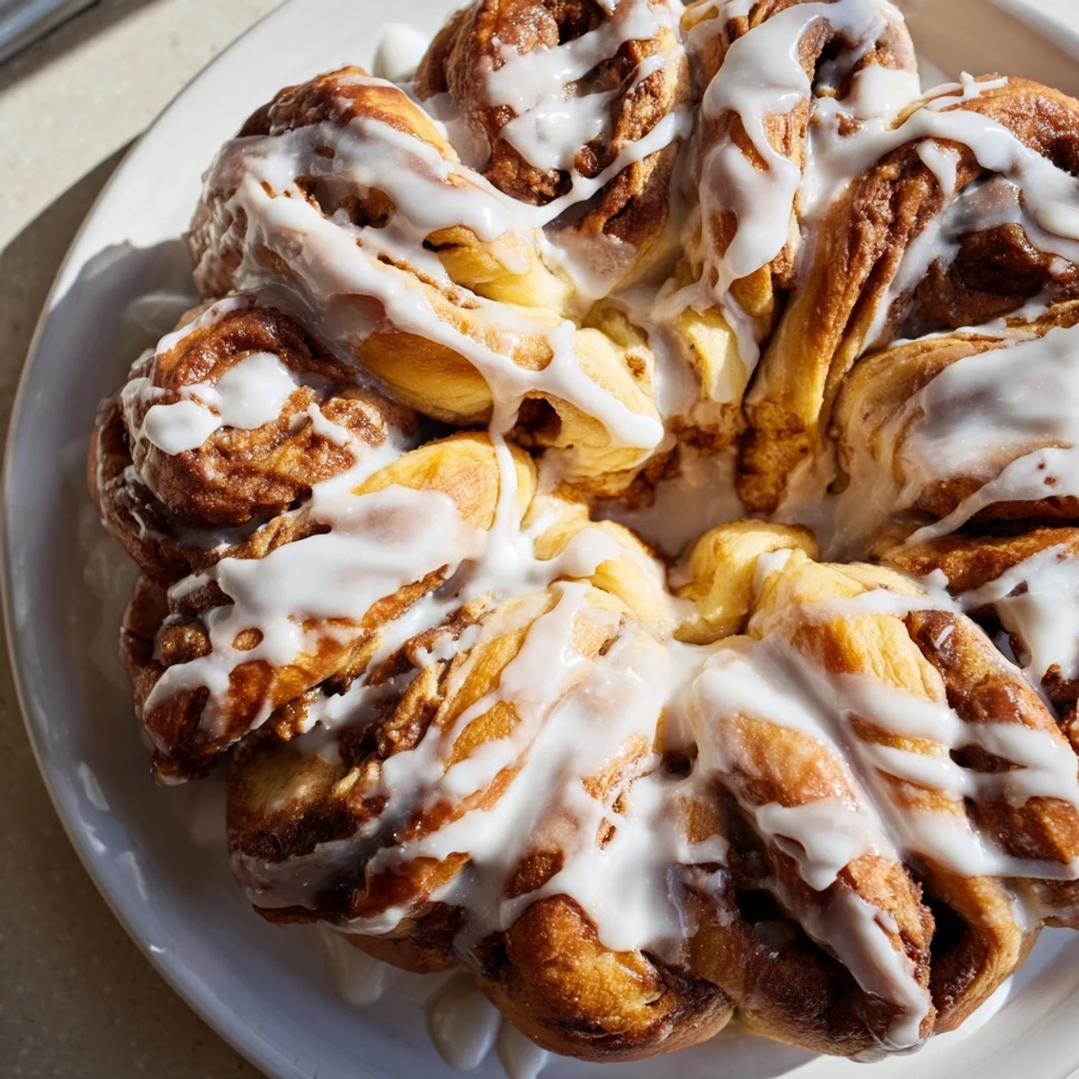 Fluffy, golden Giant Snowflake Sweet Rolls, iced and ready to be torn apart and enjoyed warm.
