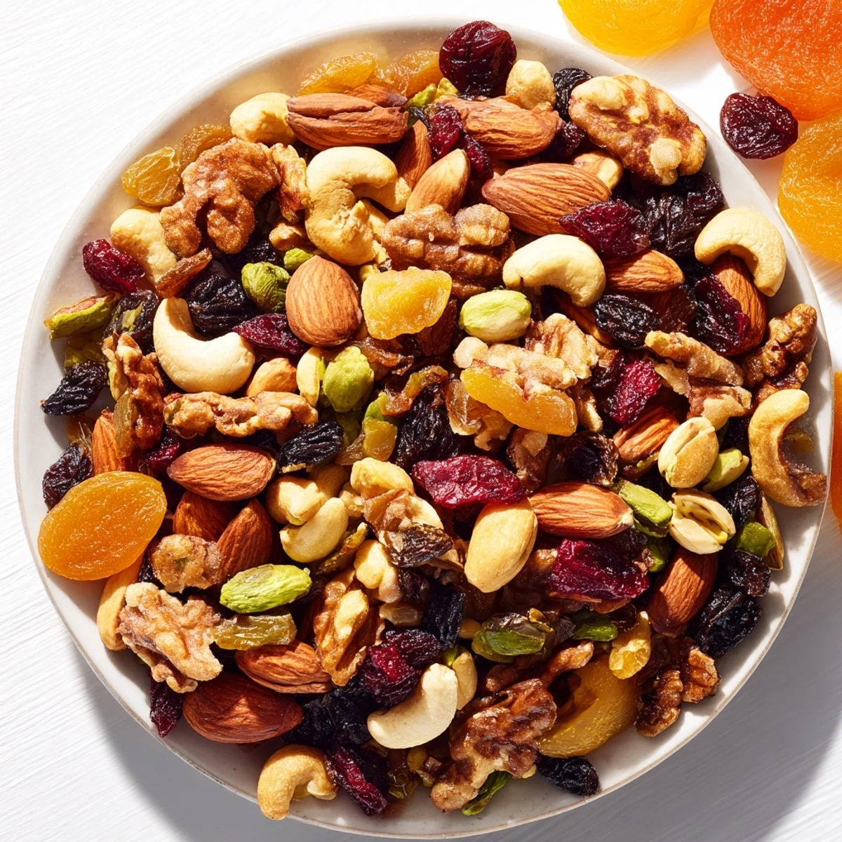 A colorful serving of assorted nuts and dried fruit, a perfect easy party snack.