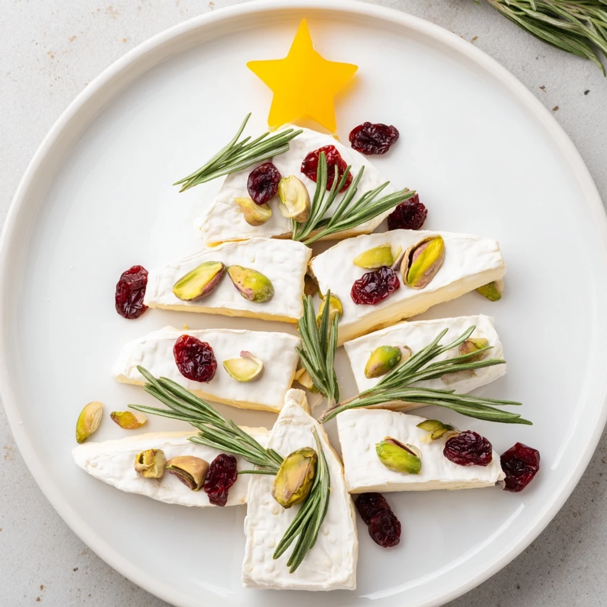 Looking at the prepared Simple Brie Triangle Cheese Tree, imagine the creamy cheese triangles topped and ready for serving.
