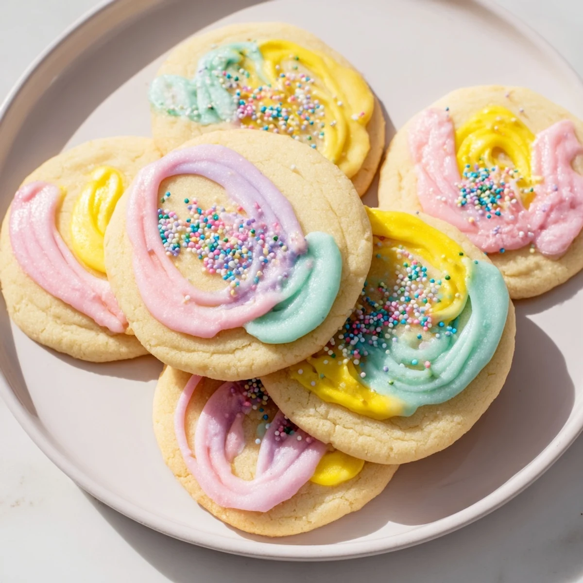 Golden, buttery sugar cookies with a vibrant and colorful icing drizzle, ready to eat and enjoy.