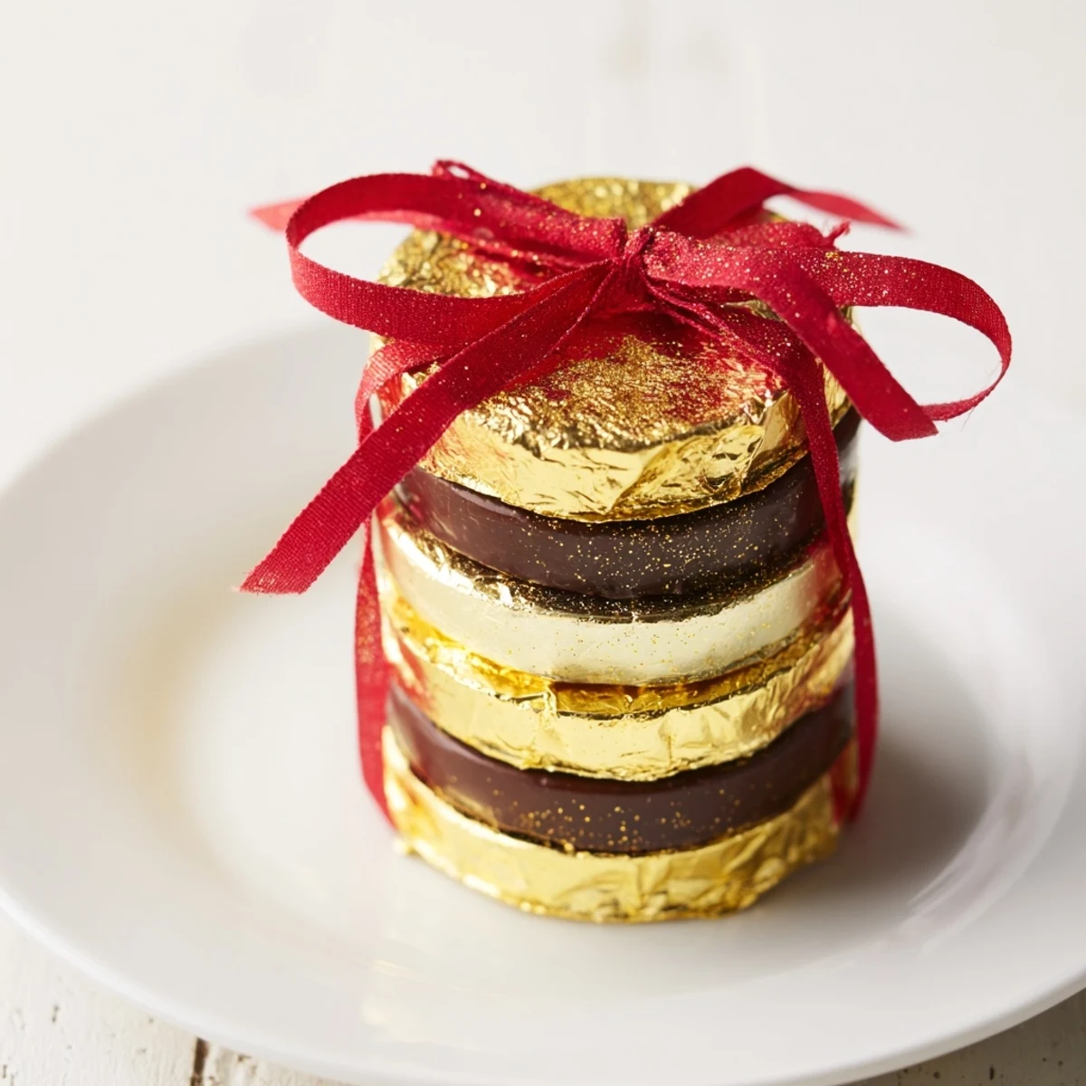 Shiny chocolate gold coin stacks, a festive dessert centerpiece for holiday celebrations, ready to enjoy.
