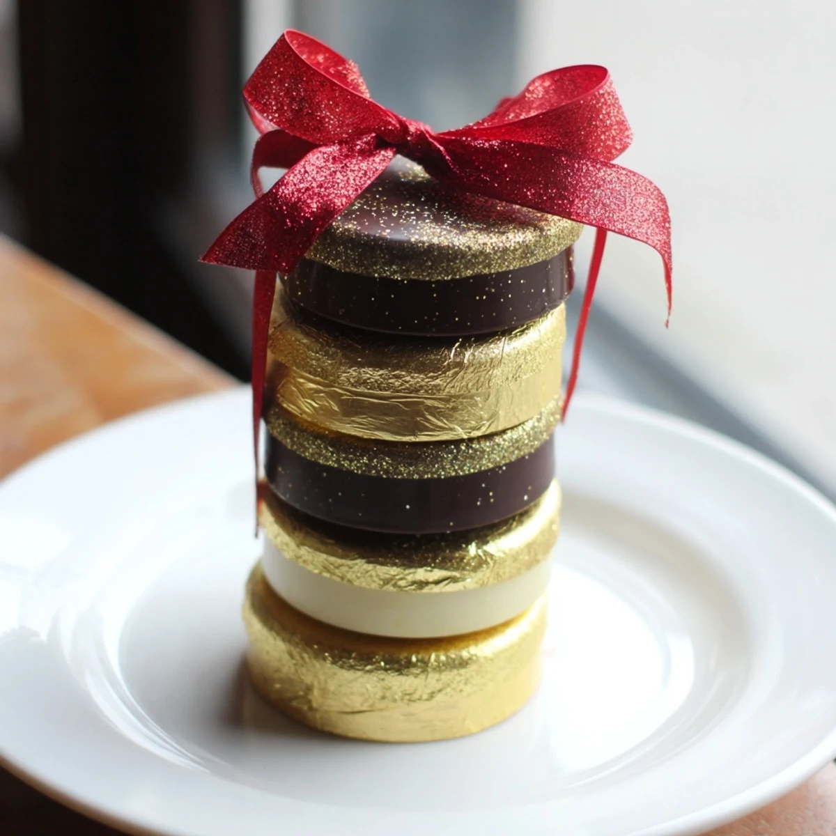Stacked chocolate gold coins, tied with ribbons, creating a dazzling edible decoration perfect for any party.