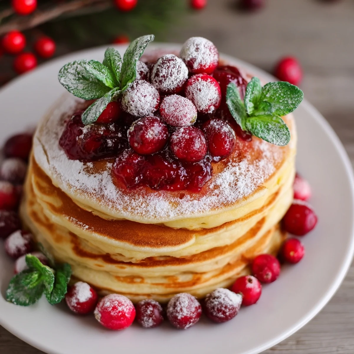 Piled-high Brunch Board: Pancake Stack featuring fluffy pancakes topped with vibrant berry holly, perfect brunch!