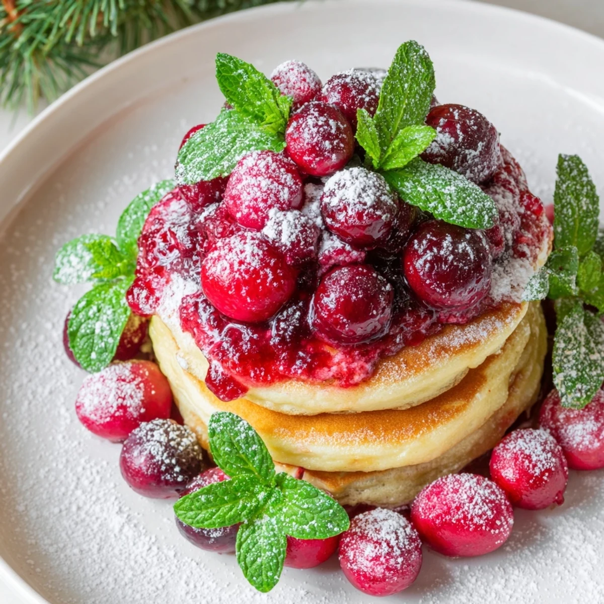 This Brunch Board: Pancake Stack shows golden pancakes with vibrant berry holly, ready to serve with maple syrup.