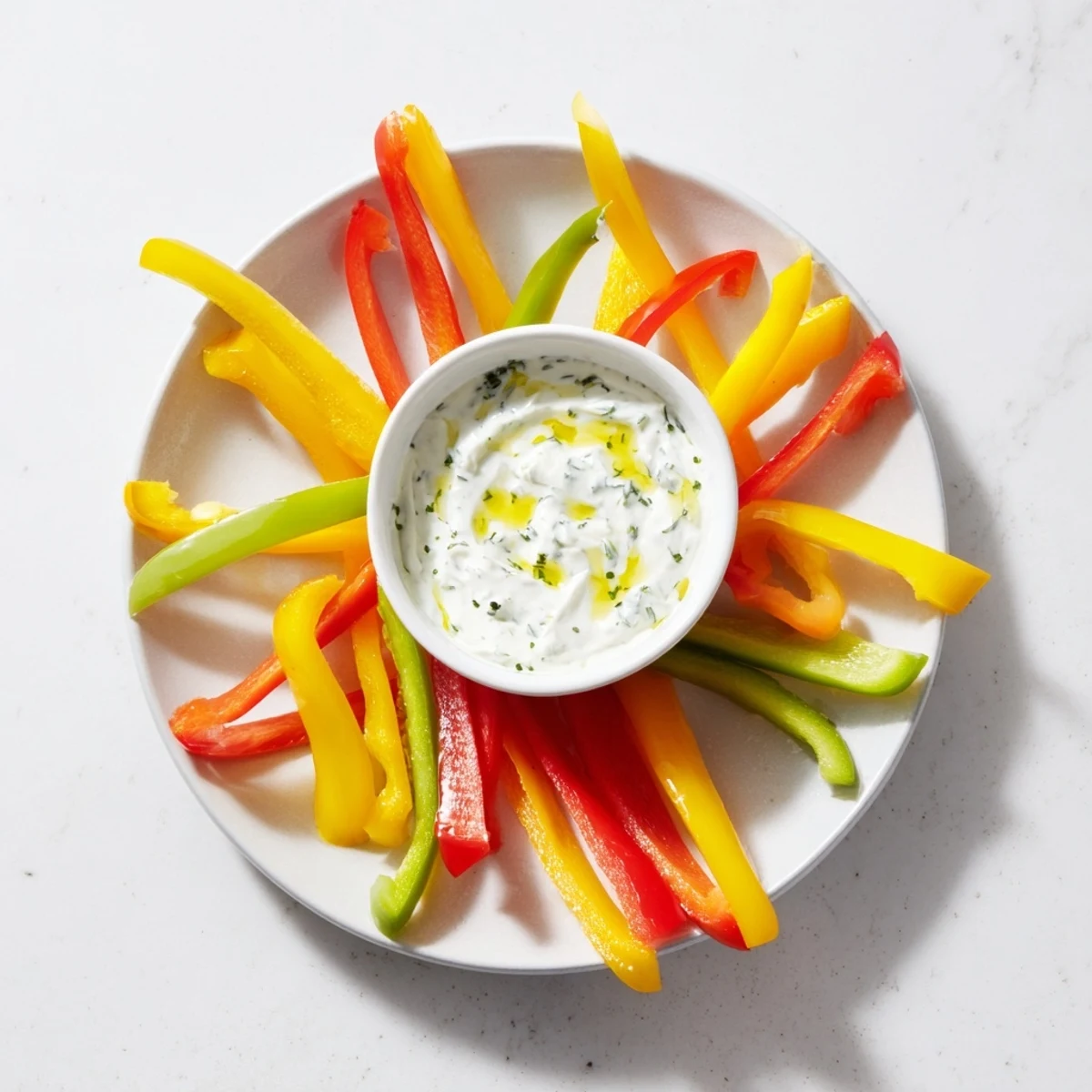 Fresh, colorful bell pepper strips alongside a creamy Greek yogurt dip, perfect for dipping.