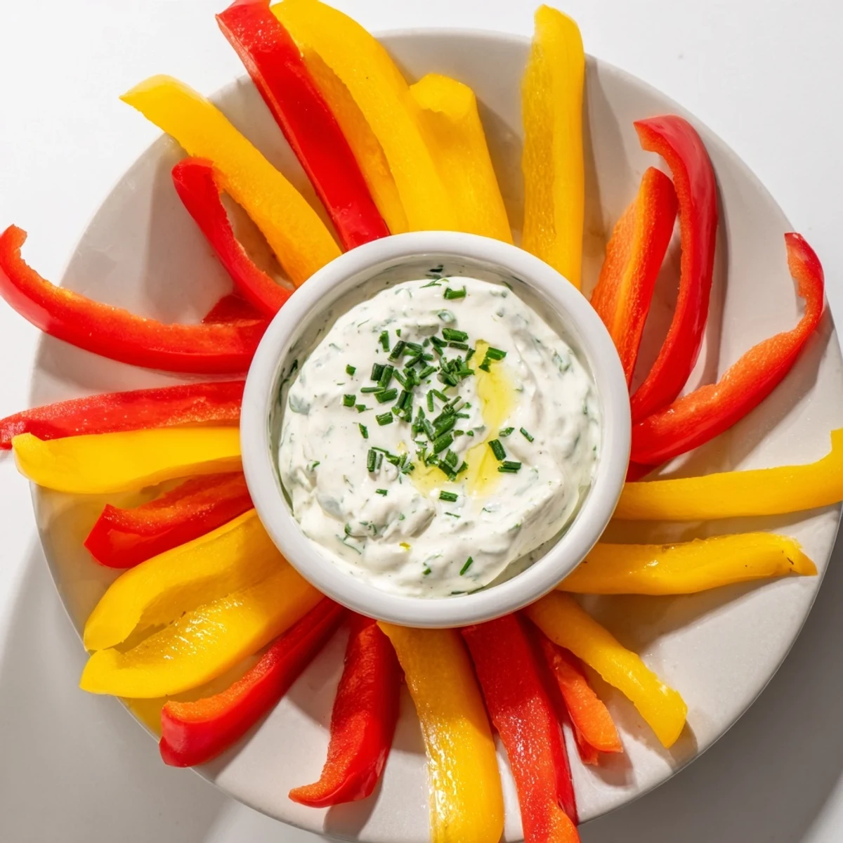 Crisp red, yellow, and green bell pepper strips arranged for sharing with Greek yogurt dip.