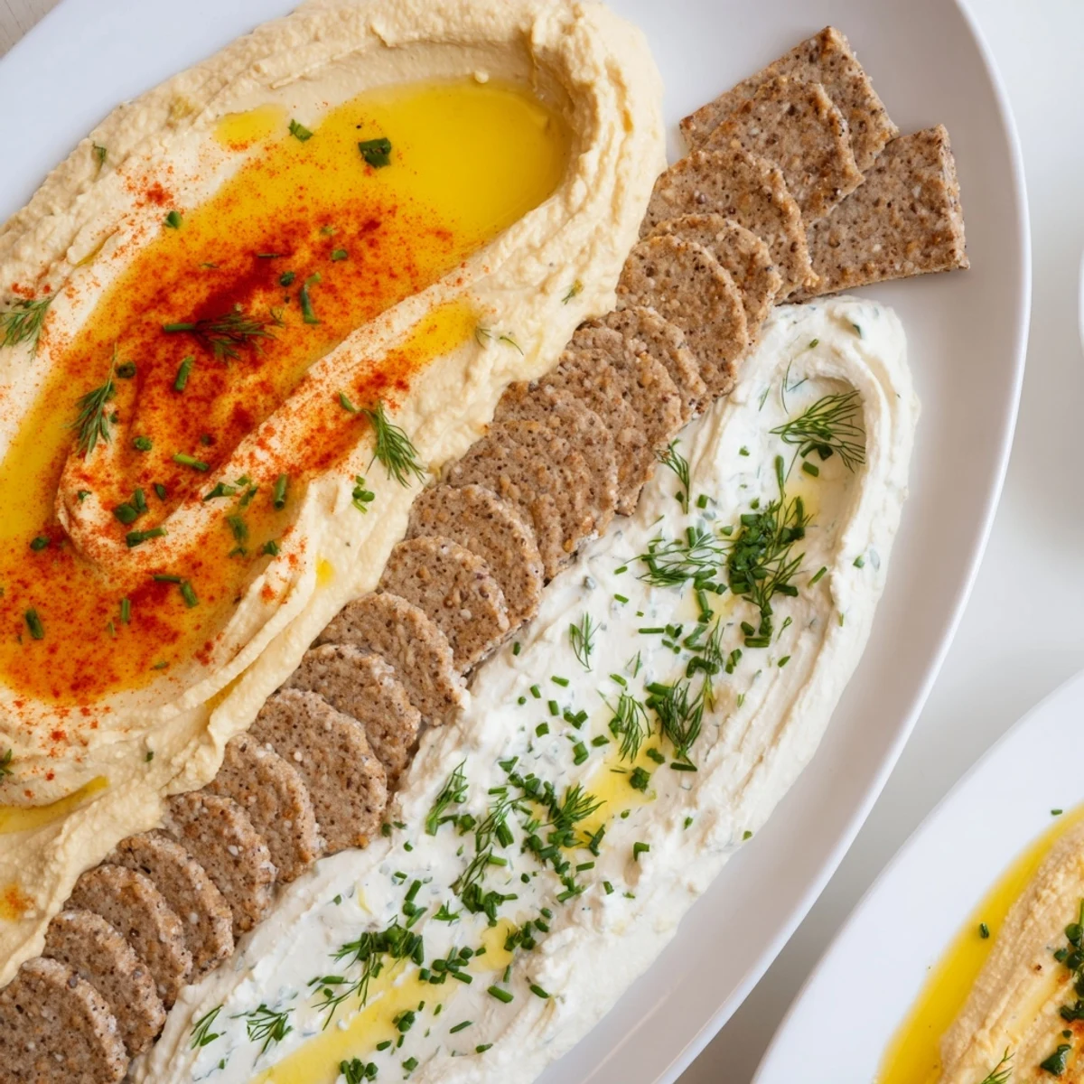 A vibrant Easy Dips appetizer platter, showcasing hummus and herby yogurt, ready to be scooped up.