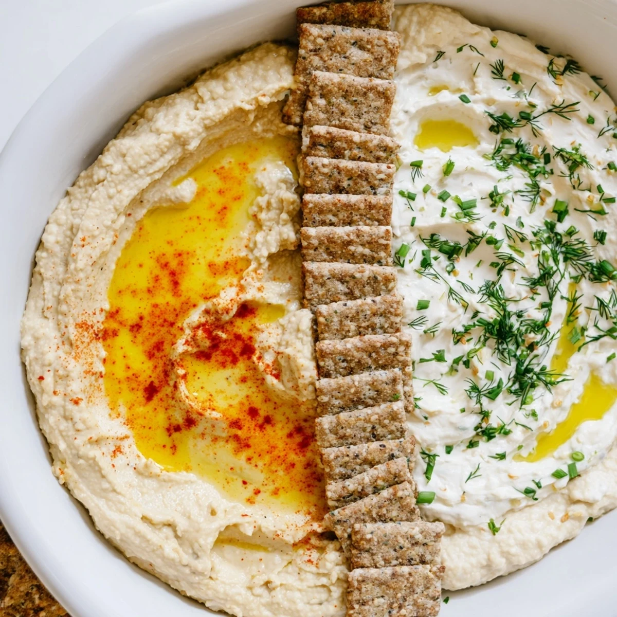 Perfectly portioned Easy Dips: see the line of crackers, dividing creamy dips for effortless dipping.