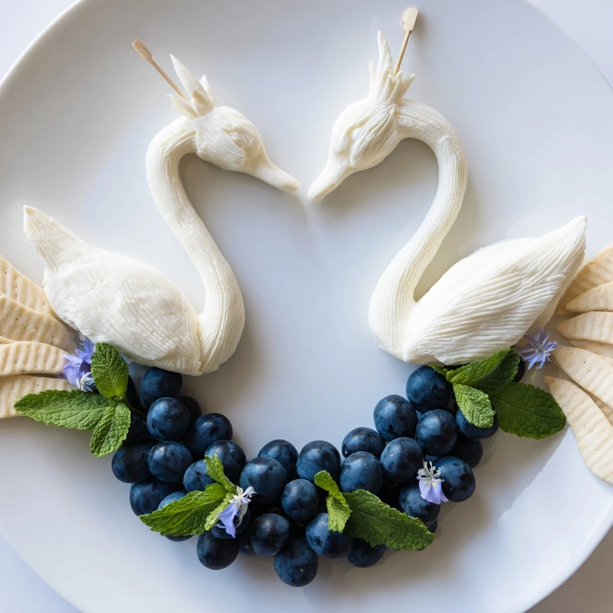 Elegant Swan Lake Board with swan cheese figures surrounded by blue grapes, perfect for entertaining.