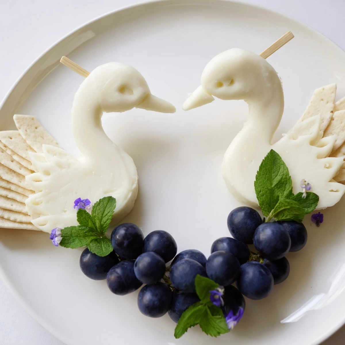 A close-up view of the Elegant Swan Lake Board with grapes and crackers next to the swan cheese.