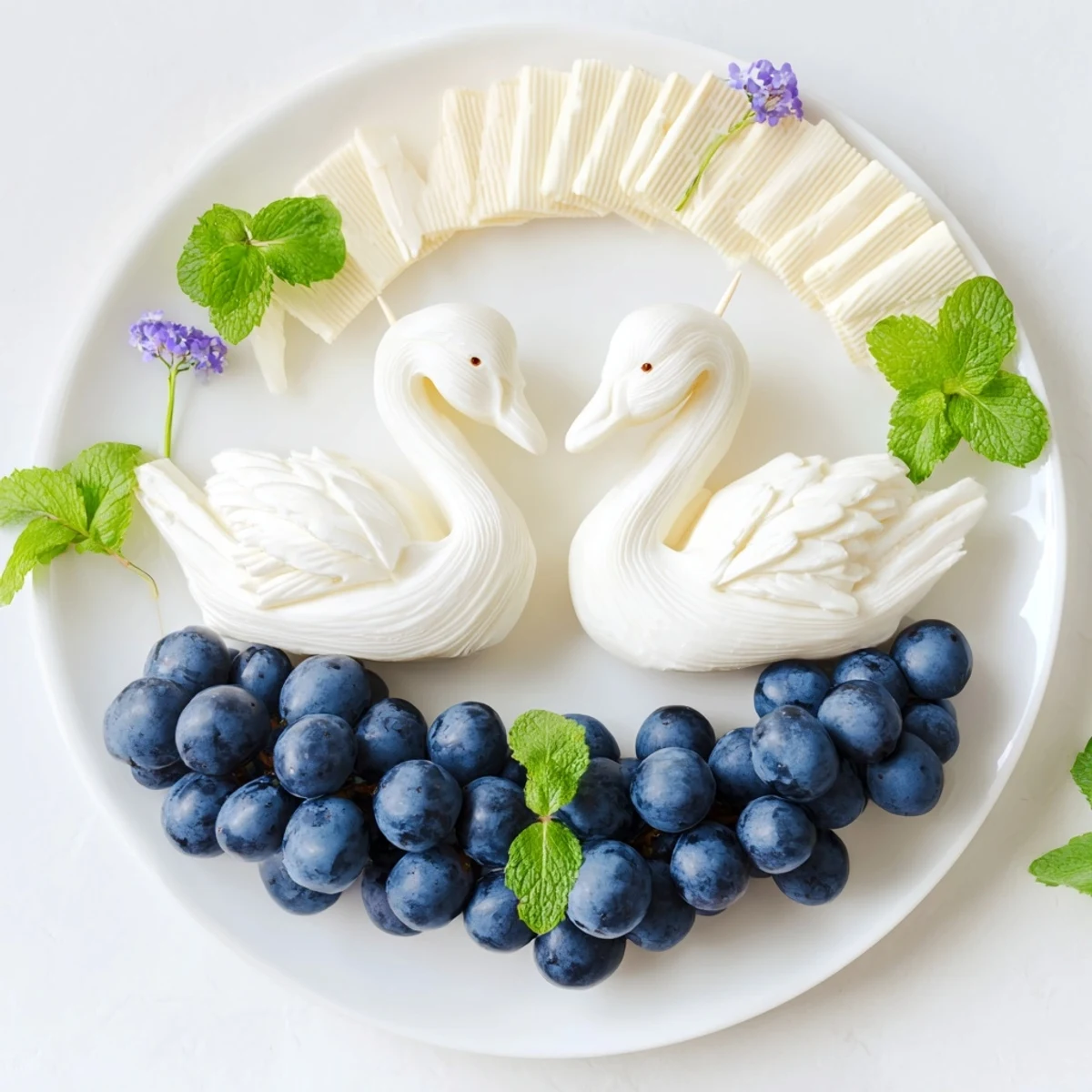 This beautiful Elegant Swan Lake Board features delicate cheese swan figures surrounded by a lake of grapes.