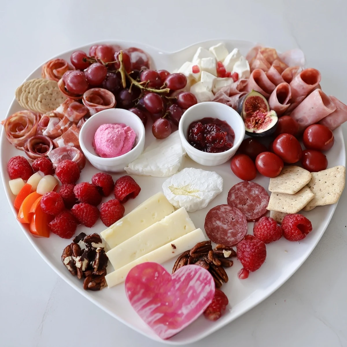 Romantic Heart of Romance Board with cheeses, fruits, and meats arranged in a heart shape for sharing.