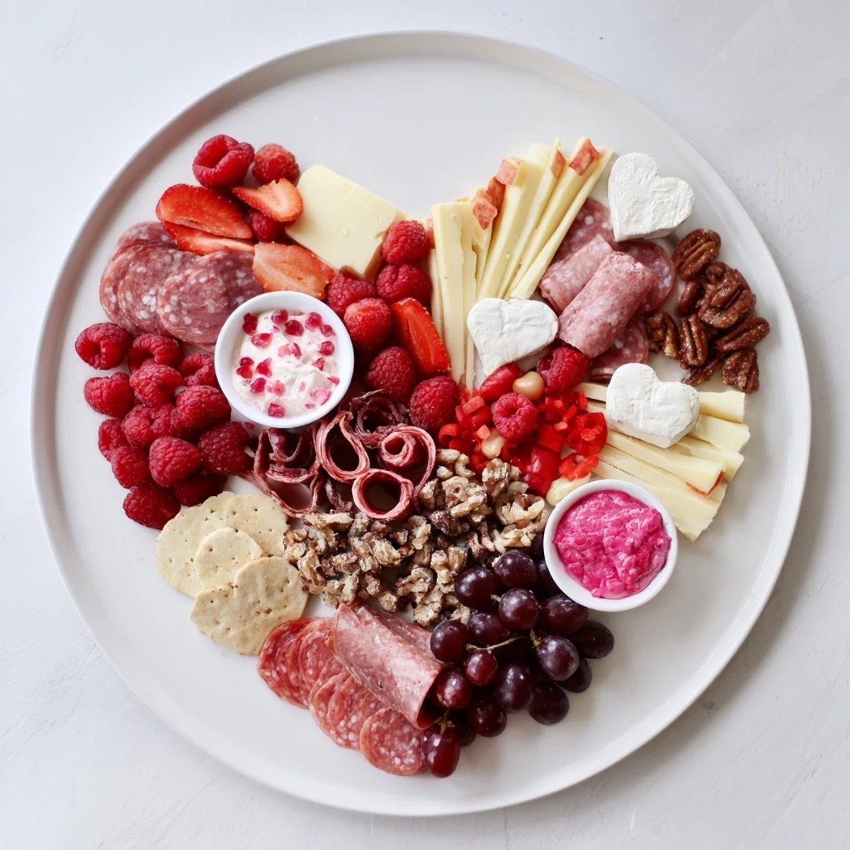Beautifully presented Heart of Romance Board featuring vibrant red fruits and flavorful cheeses, perfect appetizer.