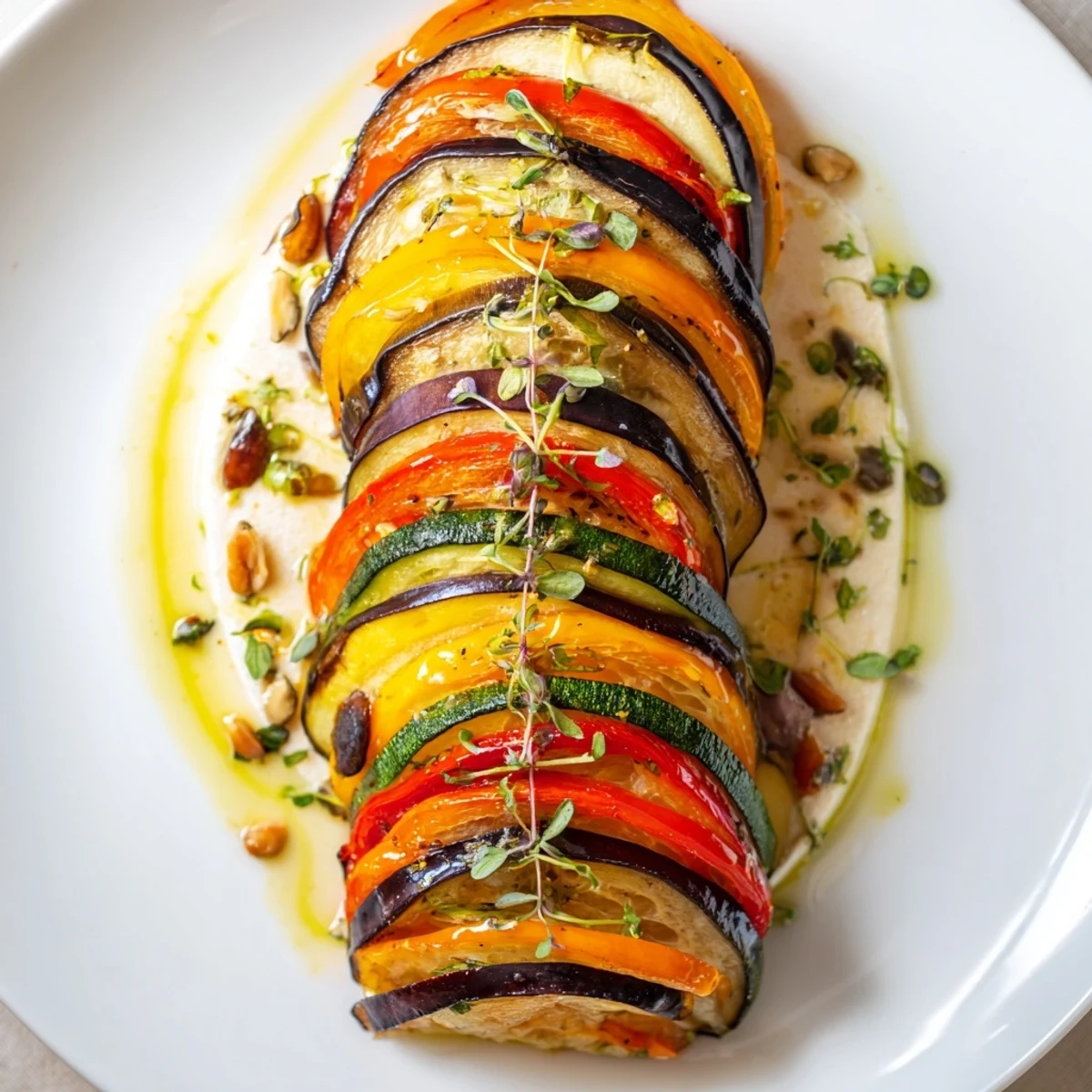 Elegant The Snail Shell Spiral appetizer features colorful roasted vegetables spiraling over creamy goat cheese.