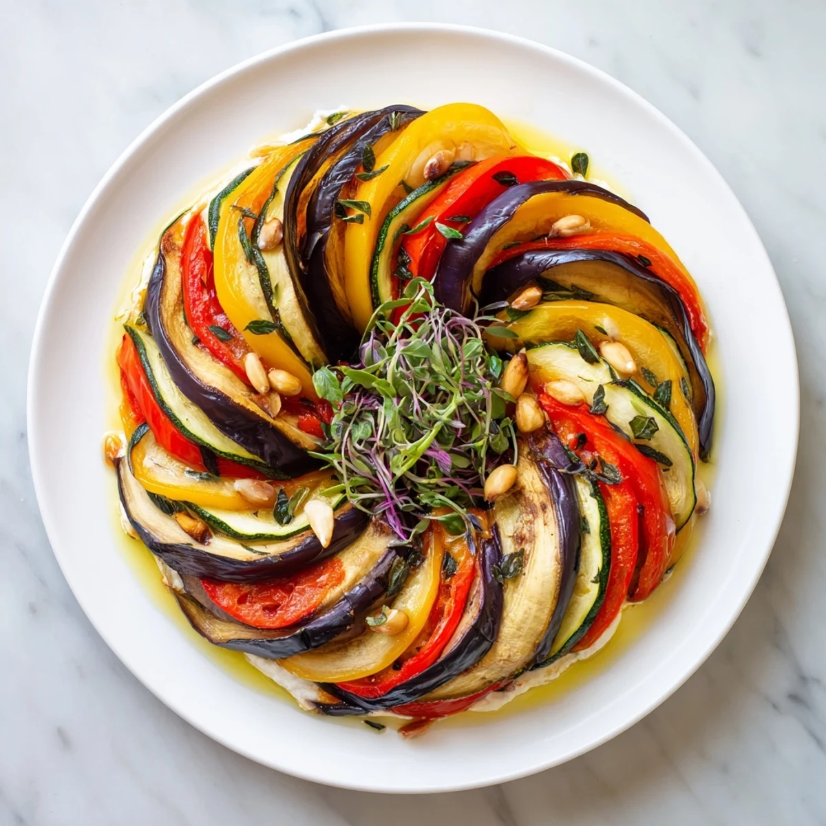 Vibrant The Snail Shell Spiral appetizer: view the artful swirl of roasted zucchini and eggplant.