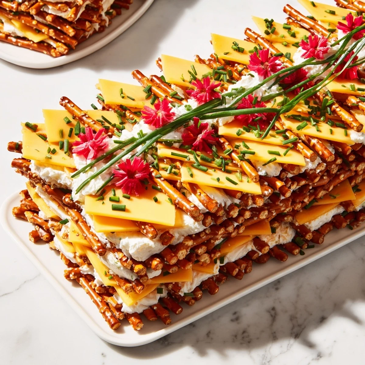 Picture the cheese and pretzel layers that make up this fun, edible The Rustic Log Cabin.