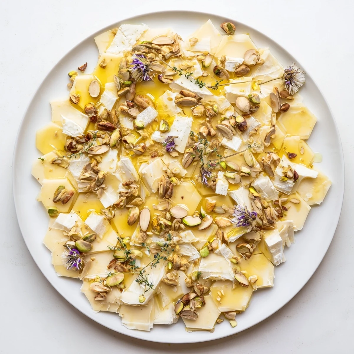 Honeycomb Hexagon Maze cheese platter, a beautiful arrangement of cheeses, nuts, and drizzled honey.